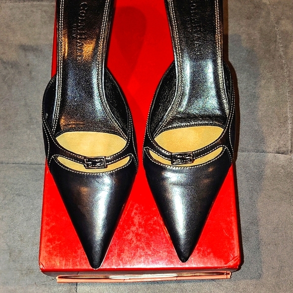 EUC COLE HAAN CITY BLACK LEATHER SLIP-ON MULES POINTED TOE 2½" KITTEN HEELS 6½B - Picture 13 of 14